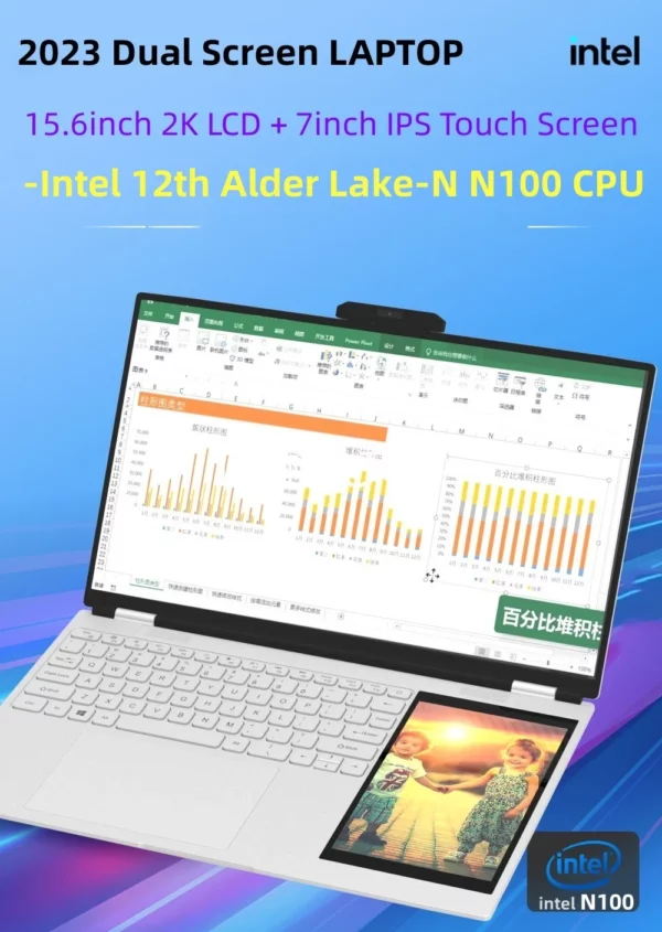 Ordinateur portable double écran 15.6 "IPS 2K écran étroit à quatre côtés 7" écran tactile IPS 32 Go Intel N100 CPU 4 cœurs 4 fils jusqu'à 3.4 GHz – Image 8