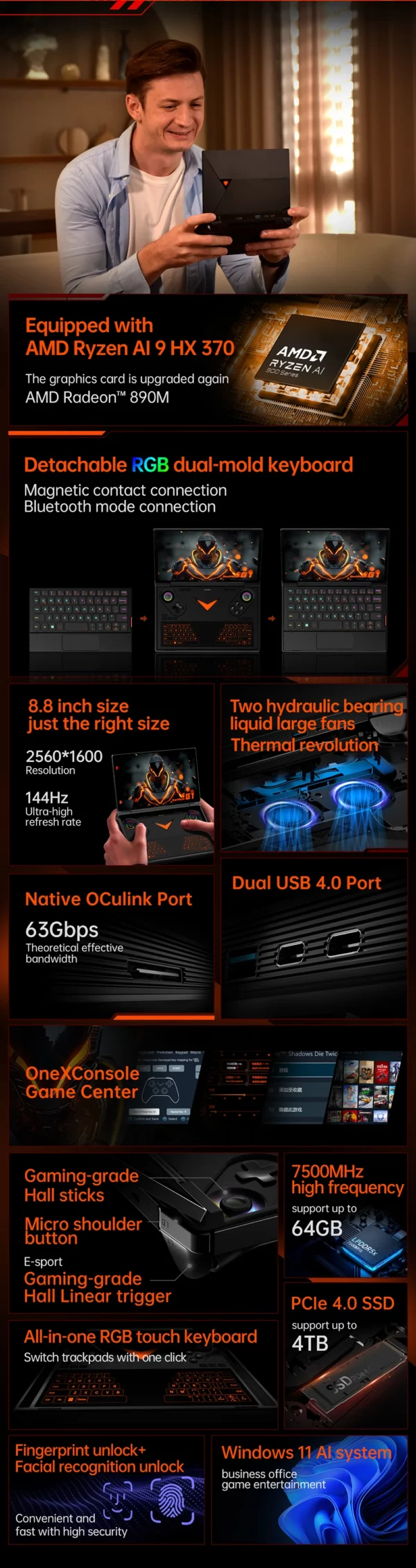 OneXPlayer G1 AMD Ryzen AI 9 HX 370 8.8 "Mini ordinateur portable de jeu jeux de bureau mobiles clavier double Mode PC Console de jeu portable – Image 10
