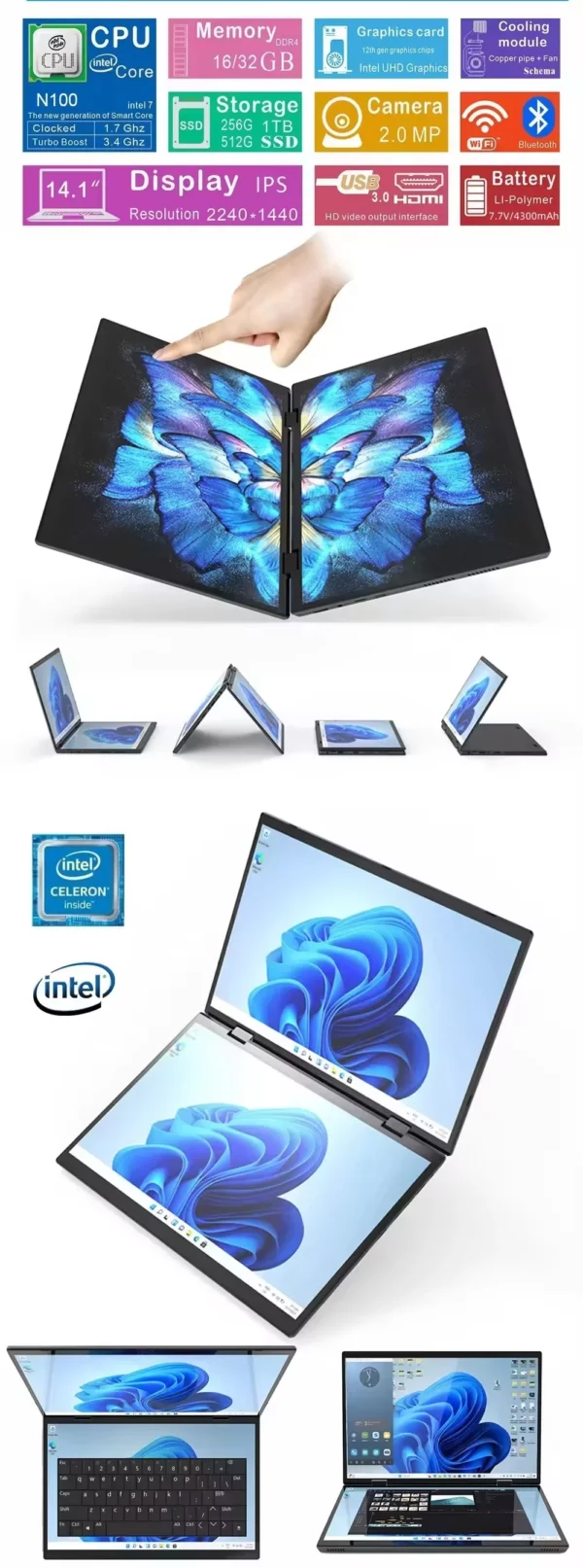 14 pouces + 14 pouces tactile double écran ordinateur portable Intel N100 processeur ordinateur portable de jeu DDR4 16GB 1TB SSD ordinateur portable – Image 11