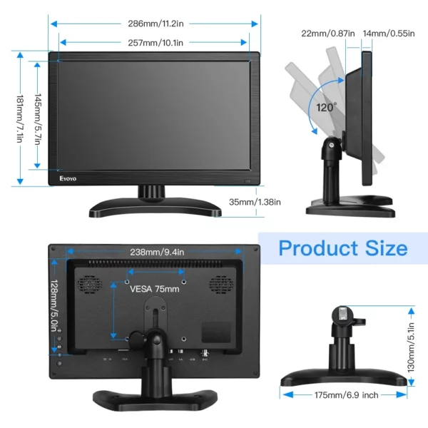 Eyoyo-Petit moniteur de bureau, écran de sécurité CCTV LCD 12 ", résolution 1366x768, haut-parleurs touristes, VGA, BNC, AV, entrées USB – Image 5