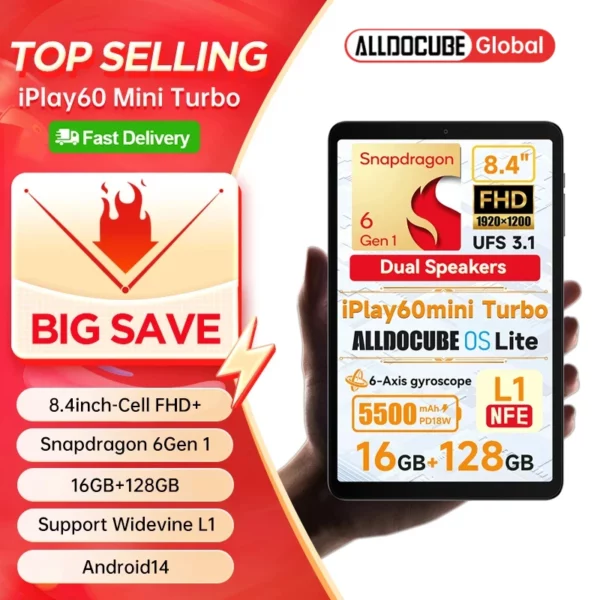 Alldocube iPlay60 Mini Turbo 8.4 pouces Snapdragon 6Gen 1 tablette Android14 8GB + 8GB mémoire virtuelle RAM + 128GB ROM Widevine L1