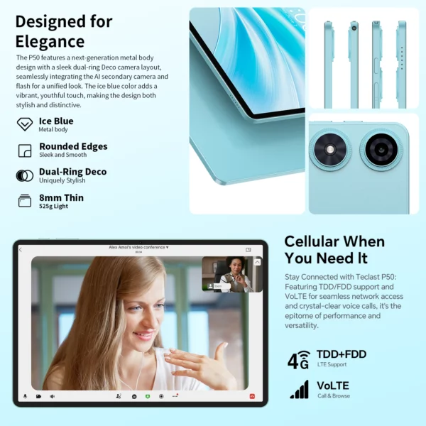 Teclast P50 2025 tablette Android 15 11 "IPS 90Hz 20GB(8GB + 12GB) RAM 128GB ROM T606 8 cœurs 7000mAh 4G LTE GPS Widevine L1 type-c – Image 6