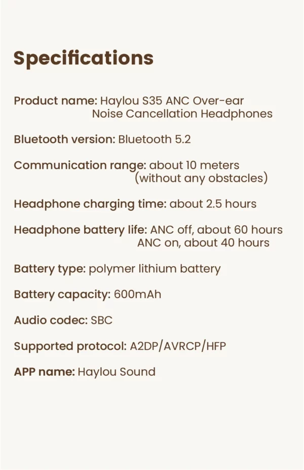 HAYLOU-Écouteurs sans fil S35 ANC, Bluetooth 5.2, 40mm, autonomie de 60 heures – Image 25