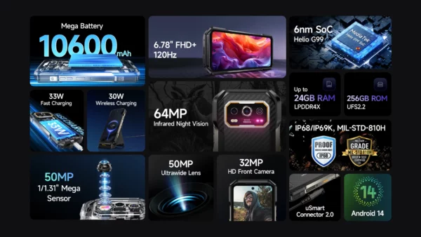 【Première mondiale】 Ulefone Armor 27 4G 10600mAh Téléphone robuste 24 Go + 256 Go Android 14 Smartphone 6,78" FHD 120 Hz Vision nocturne Global – Image 15
