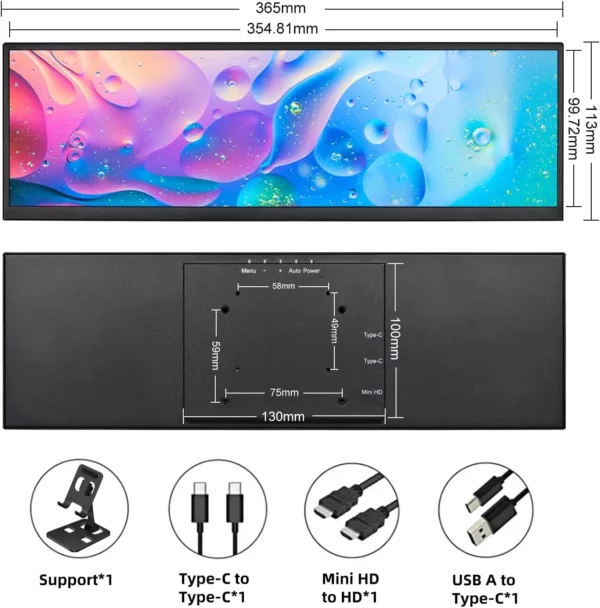Wisecoco 12.3/14.5 pouces 2K 2560x720 IPS tactile moniteur Portable de jeu HDMI écran secondaire externe affichage auxiliaire – Image 20
