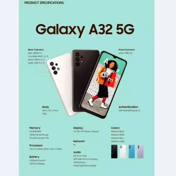 Samsung Galaxy A32 5g Smartphone 6.5 pouces écran CPU dimension 720 48MP caméra Android en bon état téléphone utilisé – Image 5