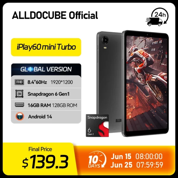 ALLDOCUBE iPlay60 mini tablette Turbo 8.4 pouces Snapdragon 6 GEN1 Android 14 16GB(8GB + 8GB virtuel) RAM 128GB ROM 5500mAh tablette