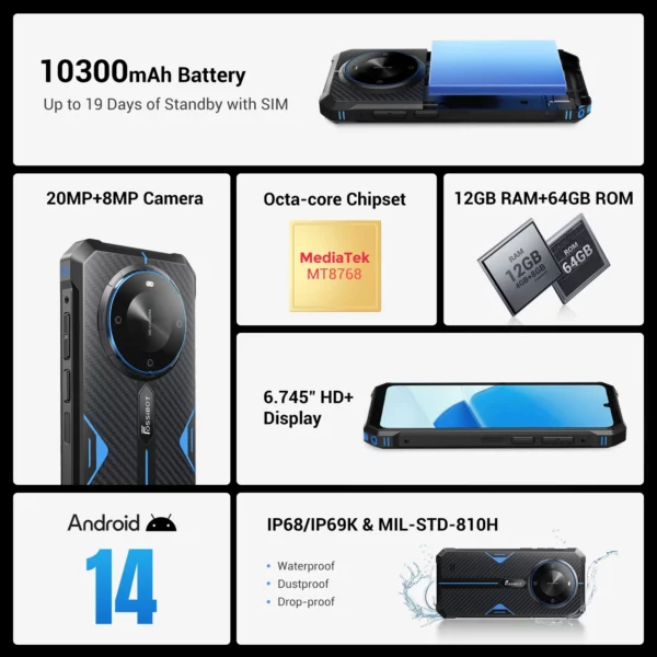 FOSSiBOT F105 Smartphone robuste Android 14 12GB + 64GB téléphone portable 6.745 "HD + écran IPS 20MP caméra 10300mAh téléphone portable – Image 2
