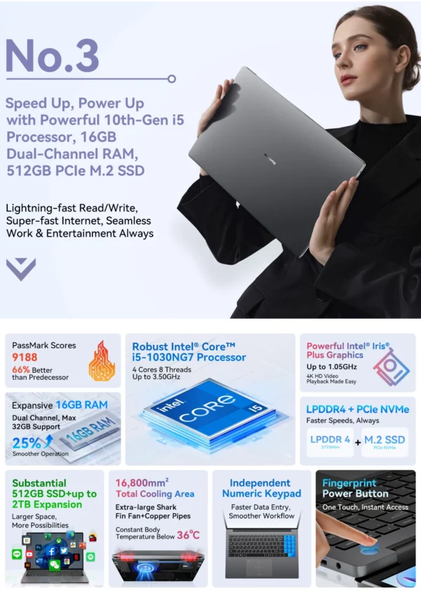 [Première mondiale] Ordinateur portable Blackview AceBook 12 Win 11 Pro 16'' 1920*1200, ordinateur portable Intel I5-1030NG7, 16 Go 512 Go, 5000 mAh – Image 25