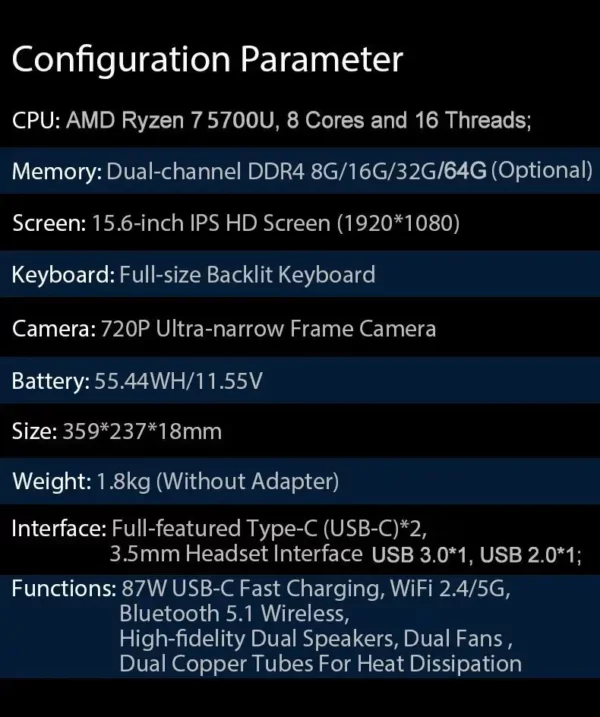 Ordinateur portable AMD Ryzen 7 5700U Gaming Lapmedicents, 15.6 pouces, injuste, Max Ram 64 Go, DDR4 MAX Rom 4 To, SSD, Windows 10, 11 Pro, Bluetooth, WiFi – Image 20