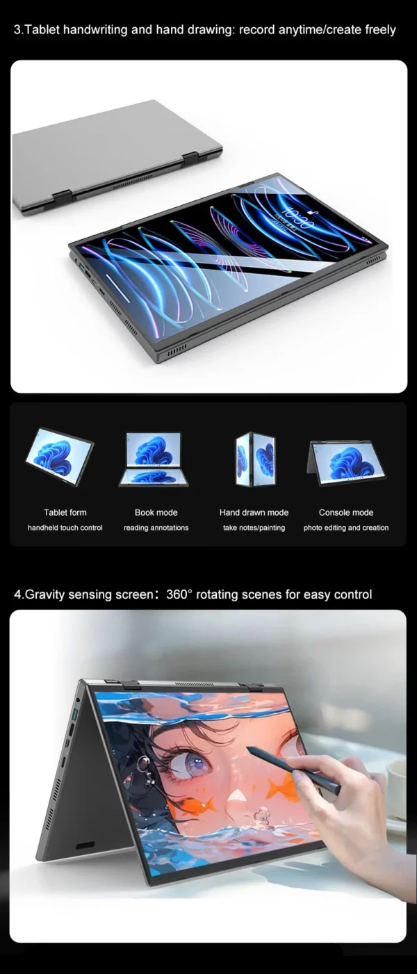 Crelander double écran ordinateur portable 14 + 14 pouces 2K écran tactile ordinateur portable Intel N95 CPU 360 degrés Flip Metal Shell 2 en 1 ordinateur portable – Image 14