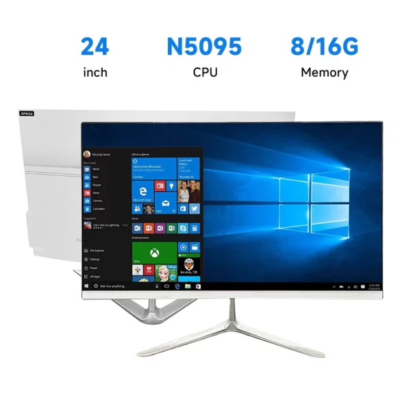Ordinateur tout-en-un 1K 24 pouces (Intel Core 5095, RAM 8/16 Go, SSD 128/256/512/1024 Go, Windows 11 Pro), blanc, clavier anglais