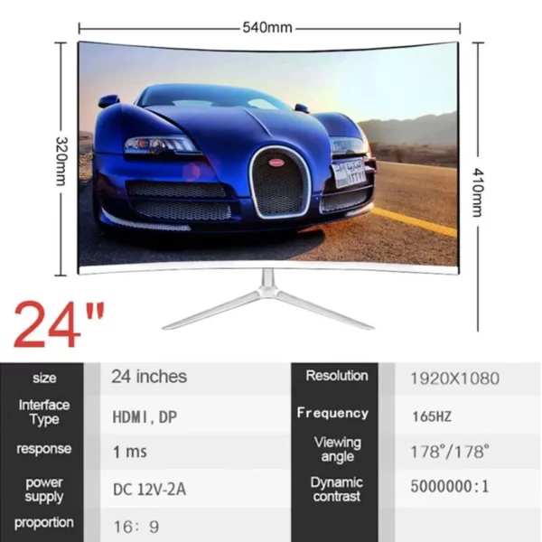 Écran LCD incurvé gaming HD 165 p, IPS, 24 pouces, 1080 hz, avec affichage de bureau, 1MS, HDMI – Image 5