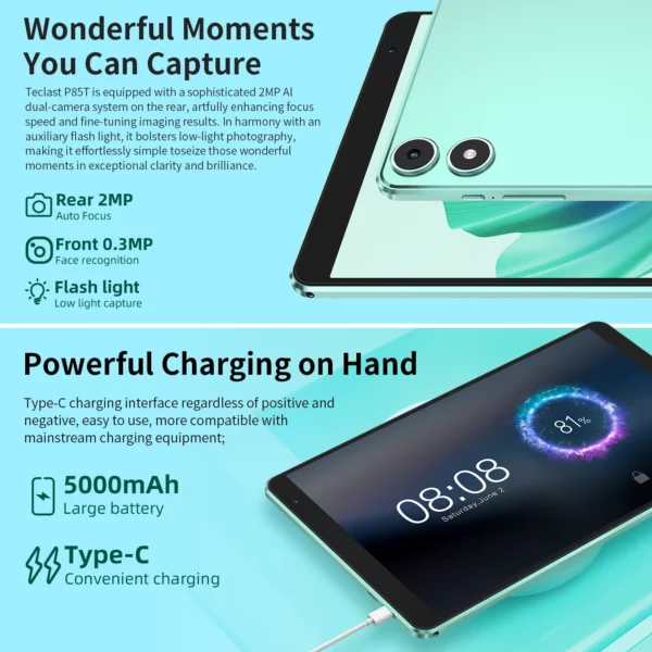 Teclast tablette P85T 8 pouces IPS Android 14 Max 10GB(4GB + 6GB d'extension) RAM 64GB ROM A523 8 cœurs 5000mAh type-c Wi-fi 6 corps métallique – Image 6