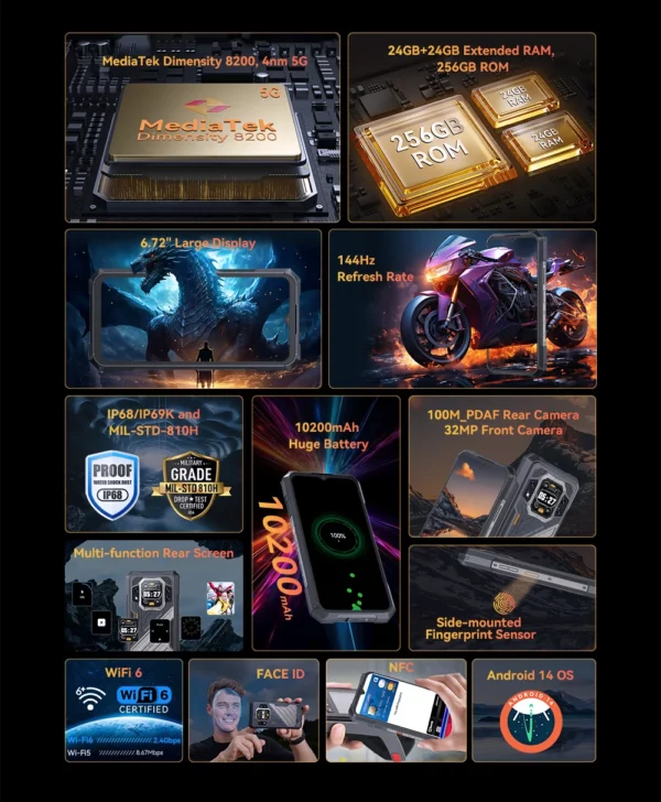 [Première mondiale] CUBOT KINGKONG X PRO, Smartphone 5G, Dimensity 8200, 4 nm, 3,1 GHz, 144 Hz Écran 6,72", Batterie 10200mAh, 24 Go de RAM (12 + 12 Go étendus), 256 Go de ROM, Appareil photo 100 MP, telephone portable – Image 13