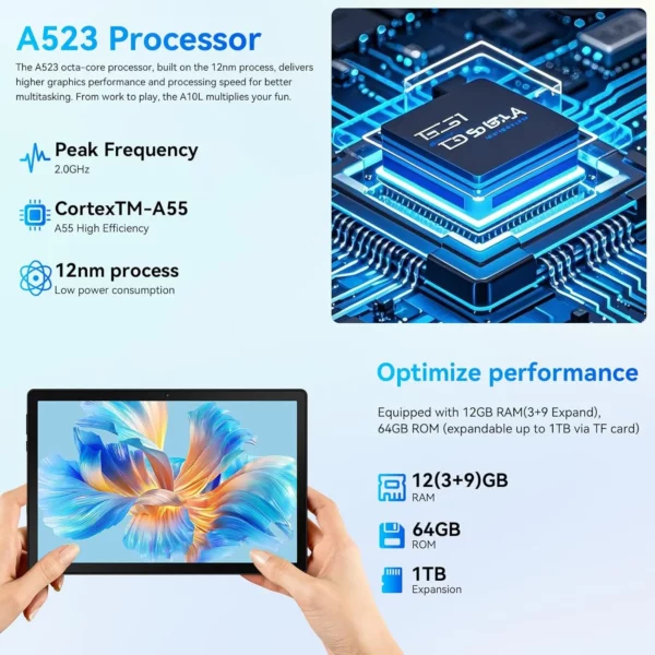 URAO A10L Android 14 tablette 10.1 pouces 12GB RAM 64GB ROM octa-core 5G WiFi avec clavier souris tactile stylo casque étui tablette Kit – Image 4