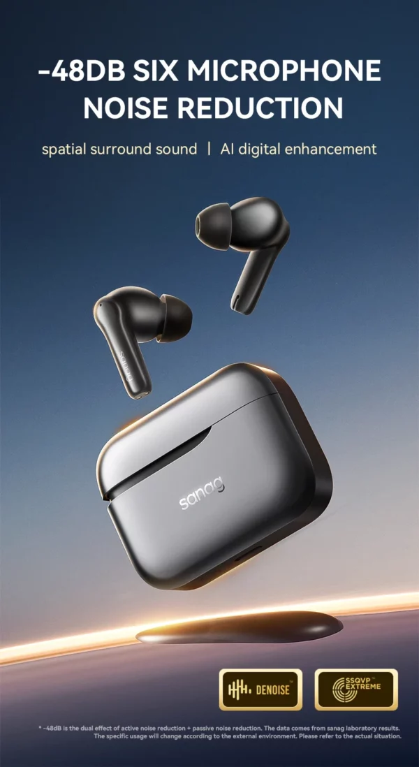 Sanag T85 ANC sans fil Bluetooth écouteur 6 micro-48dB actif hybride suppression du bruit casque ENC HD appel écouteurs TWS écouteurs – Image 8