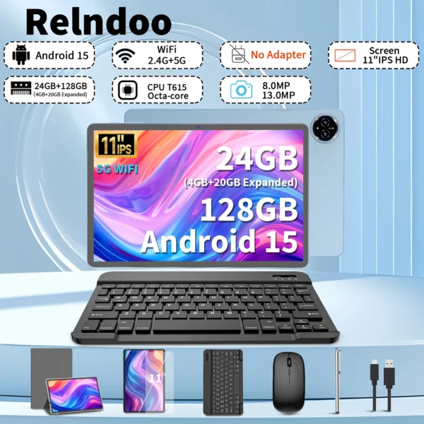 2025 Relndoo Tablette Android 15 11 pouces, 24 Go (4 + 20 élargies) RAM + 128 Go de ROM, écran IPS HD, WiFi 5G, processeur T615, GPS, type C