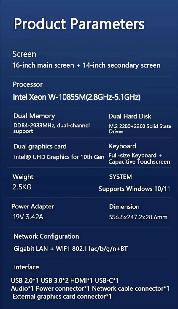 Intel Xeon W-10855M 16.1 + 14.1 pouces double écran 64GB DDR4 4 to SSD pavé tactile caméra HD 6 cœurs 12 fils 5.1GHz ordinateur portable de jeu – Image 8