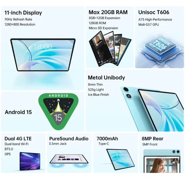 Teclast P50 2025 tablette Android 15 11 "IPS 90Hz 20GB(8GB + 12GB) RAM 128GB ROM T606 8 cœurs 7000mAh 4G LTE GPS Widevine L1 type-c – Image 8
