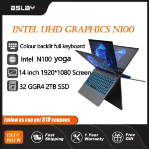 Processeur Intel N100 14 pouces 32 go DDR4 2 to SSD mince ordinateur portable YOGA 6000 mAh tablette 2-en-1 1920*1080 écran tactile 360 °   Bureau rabattable