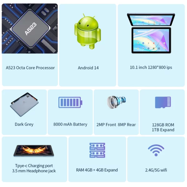 PRITOM TAB11 Tablette Android 14 10 pouces, 8 Go(4+4 Expansion) RAM + 128 Go ROM, Octa Core, WiFi 5G, avec clavier, souris, étui – Image 10