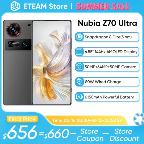 Version mondiale Nubia Z70 Ultra 5G Smartphone 6.85 "144Hz AMOLED écran Snapdragon 8 Elite 6150mAh batterie 80W charge NFC IP69
