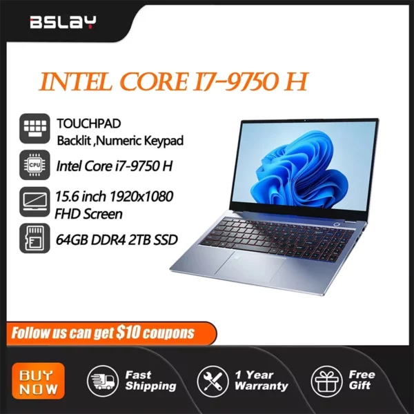 Ordinateur portable de jeu 15.6 pouces Intel Core I7-9750H 64GB RAM 2TB SSD DDR4 Win 11 5000mAH HD déverrouiller l'empreintes digitales ordinateur portable