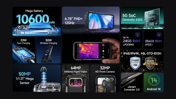 Téléphone robuste Ulefone Armor 27T Pro 5G 10600mAh Smartphone Android 14 50MP + 64MP Caméra nocturne 6,78" 120Hz 24GB + 256GB NFC Téléphone portable – Image 20