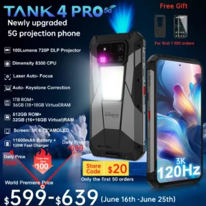 【 Premier du monde】Unihertz par 8849 Tank 4 pro Smartphone 5G avec projecteur 720P Dimensité 8300 36 Go + 1 To Téléphone portable 3k AMOLED Android