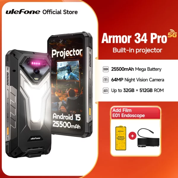 Ulefone Armor 34 Pro 5G AI 25500mAh téléphone robuste Smartphone Android 15 32GB + 512GB projecteur DLP intégré 6.95 "NFC téléphone portable – Image 7