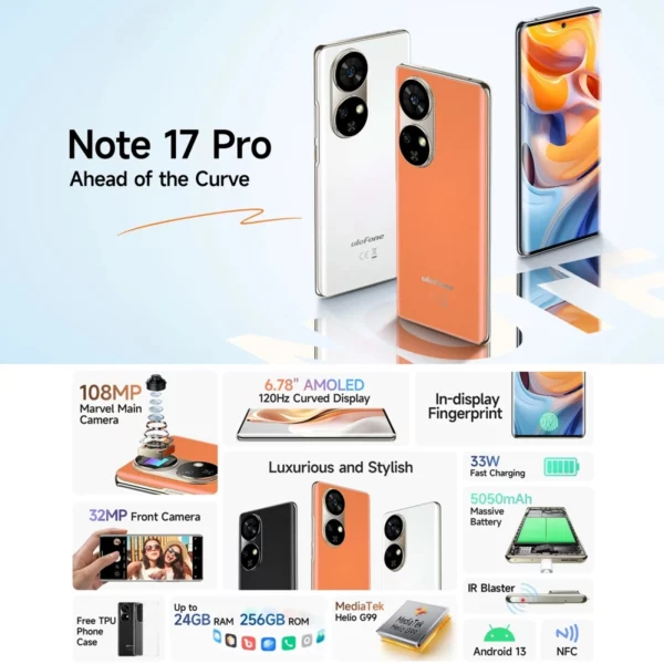 Ulefone Note 17 Pro Smartphone 6.78 "120HZ AMOLED affichage incurvé 24GB + 256GB Android 13,108MP caméra 5050mAh Version mondiale NFC – Image 9