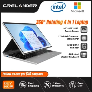 Crelander 2in1 tablette processeur Intel n5105 14 pouces écran tactile 360 degrés rotation RAM 16gb portable ordinateur portable