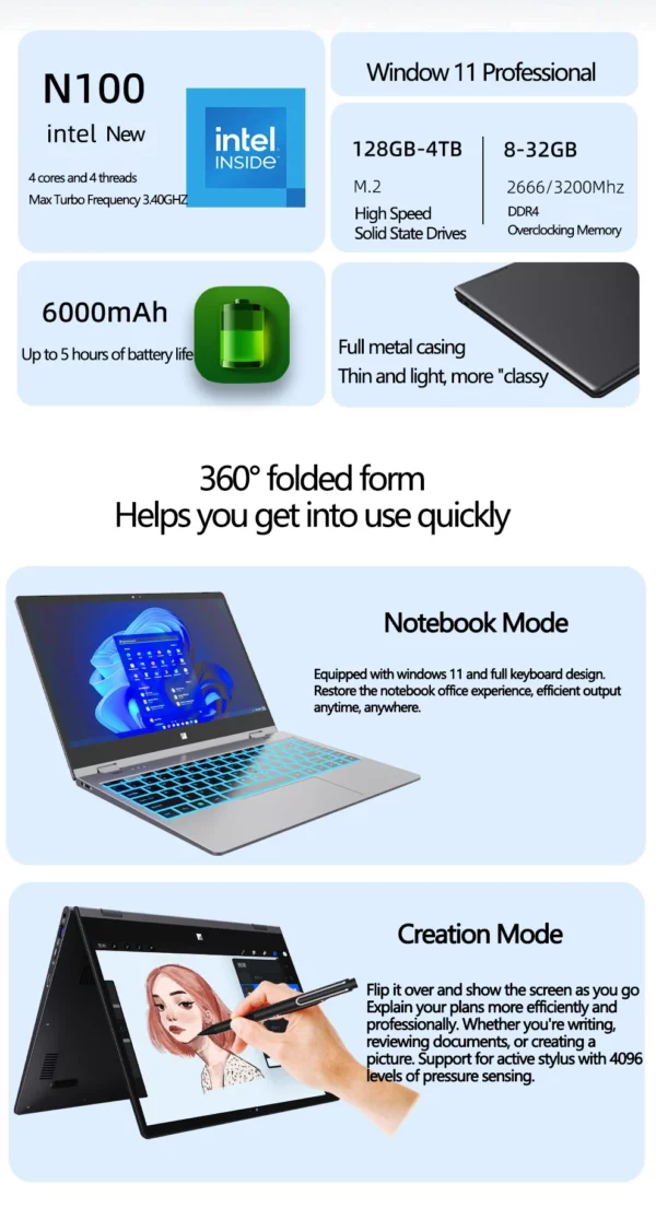 Processeur Intel N100 14 pouces 32 go DDR4 2 to SSD mince ordinateur portable YOGA 6000 mAh tablette 2-en-1 1920*1080 écran tactile 360 °   Bureau rabattable – Image 10