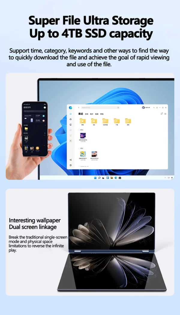 Ordinateur portable 14 pouces double écran tactile Intel Celeron N5805 8 Go de RAM 2 To SSD, caméra haute définition 4700 mAh portable 1920 * 1200 – Image 29