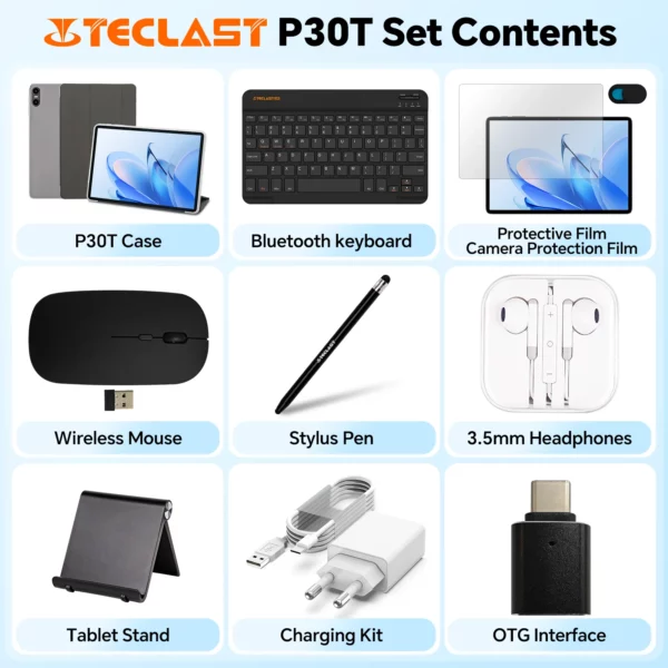 Teclast tablette P30T étui Android 15 10.1 "IPS Max 12GB RAM 128GB ROM T606 8 cœurs P30TCase/clavier/souris/stylet/casque/support – Image 6