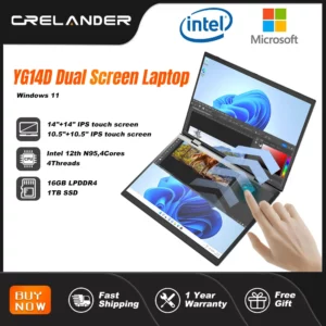Crelander double écran ordinateur portable 14 + 14 pouces 2K écran tactile ordinateur portable Intel N95 CPU 360 degrés Flip Metal Shell 2 en 1 ordinateur portable