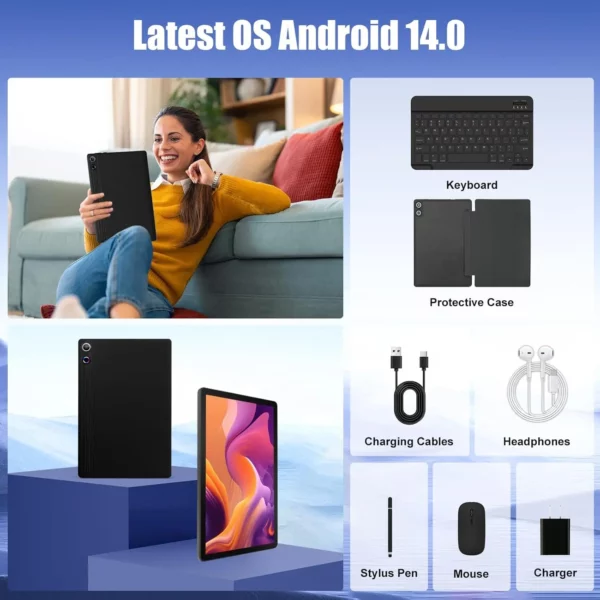 URAO – tablette Android 11 pouces, 14 go de RAM, 64 go de ROM, 6800mAh, écran tactile IPS HD, avec étui de protection pour clavier, stylet de souris, Kit 8 en 1 – Image 6
