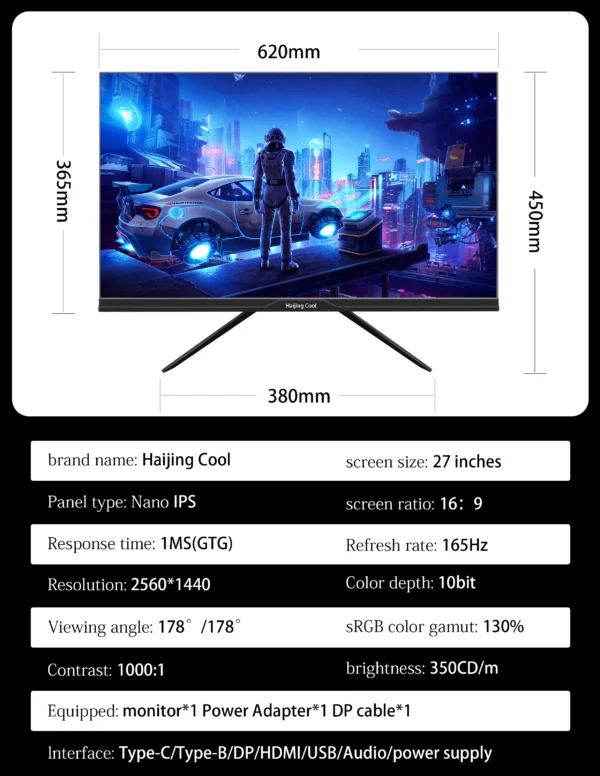 Moniteur 27 pouces 2K 165Hz 144HZ, pour ordinateur de jeu, 1ms, synchronisation gratuite, panneau Nano IPS, écran LCD de bureau, HDMI DP type-c – Image 8