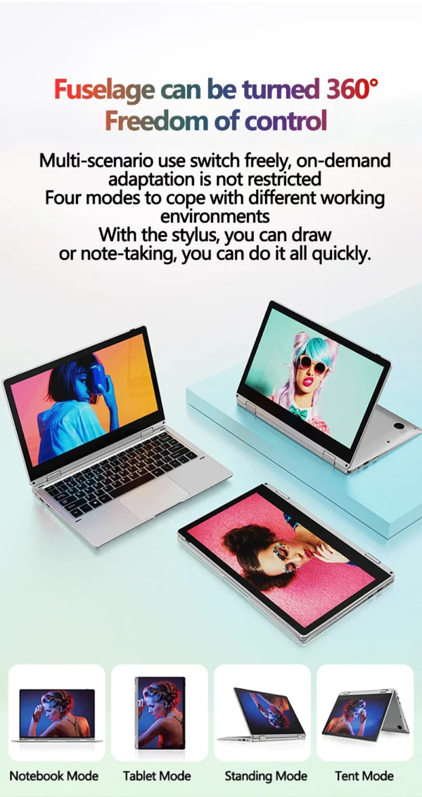 Ordinateur portable 11,6 pouces Intel Celeron N4020 360 °   Flips Écran tactile pour caméra HD 6 Go DDR4 2 To SSD 4500 mAH 2,8 GHz Tablette légère – Image 10