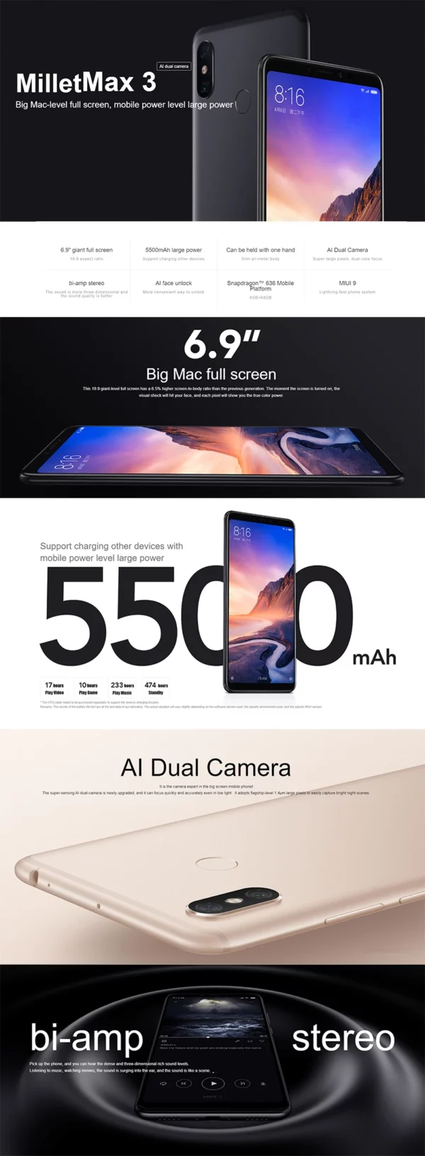 Xiaomi Mi Max 3 Snapdragon 636 Smartphone 6.9 pouces grand écran 5500mAh batterie 12MP Bluetooth 5.0 téléphone d'occasion Android – Image 8