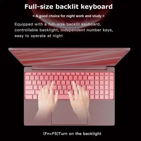Ordinateur portable rose 15.6 pouces alimenté par Windows 11 Intel Celeron N5095 16 Go de RAM 1 To SSD 2.4G + 5G WiFi double bande Écran à lunette ultra-étroite – Image 3