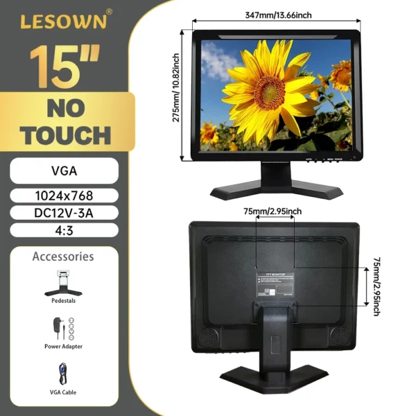 LESOWN-Moniteur à écran tactile LCD industriel, écran externe pour ordinateur de bureau, interface VGA uniquement, HD 1024x768, 15 pouces – Image 7