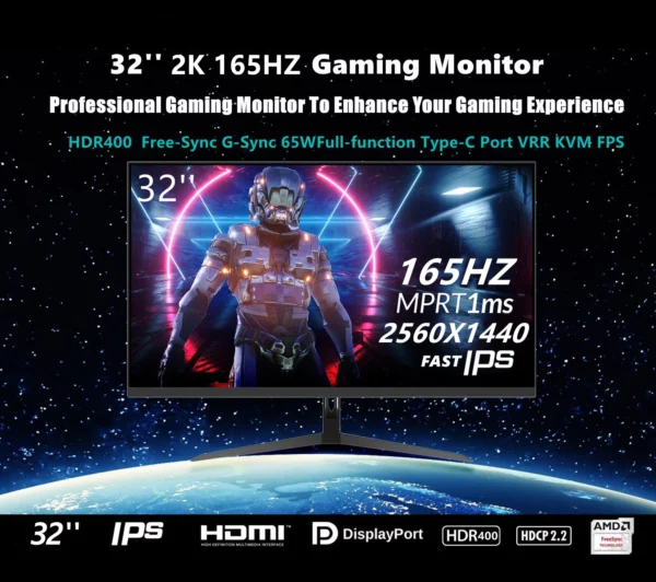 FYHXels32-Moniteur de bureau LED IPS pour ordinateur de jeu, 165Hz, 2K, QHD, taux de rafraîchissement élevé, panneau, FreeDivig-DiviMPRT, 1ms – Image 8