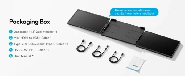 Dopesplay 14.1 pouces moniteurs portables 1200P FHD IPS simple double deuxième écran d'extension pour téléphone PC Mac 14-17 pouces ordinateurs portables – Image 19