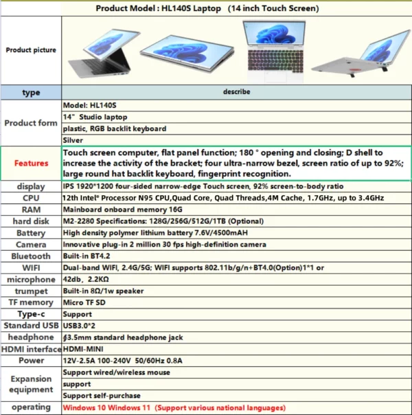 Ordinateur portable N95 Windows 11, rotation à 360 °, 14.0 en effet, écran tactile IPS, 32 Go, 128 Go-1 To, ordinateur portable, tablette 4 en 1, bureau d'affaires, Slim Touch ID, RVB – Image 9