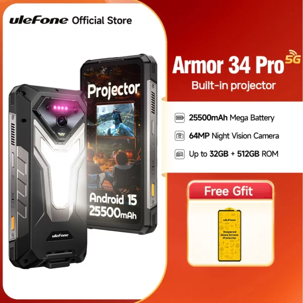 Ulefone Armor 34 Pro 5G AI 25500mAh téléphone robuste Smartphone Android 15 32GB + 512GB projecteur DLP intégré 6.95 "NFC téléphone portable – Image 10