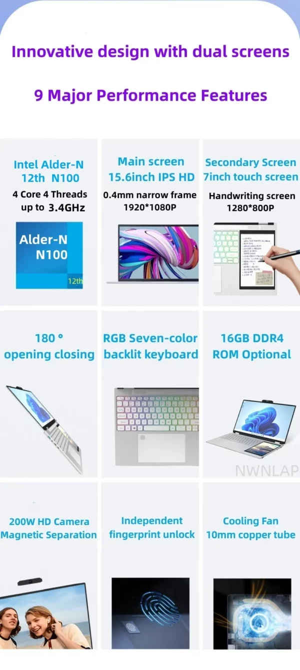 Ordinateur portable avec processeur Intel N100, écran tactile IPS, 4 cœurs, 4 fils, 3.4GHz, 15.6 pouces, IPS 2K, écran étroit à quatre côtés, 7 pouces – Image 9