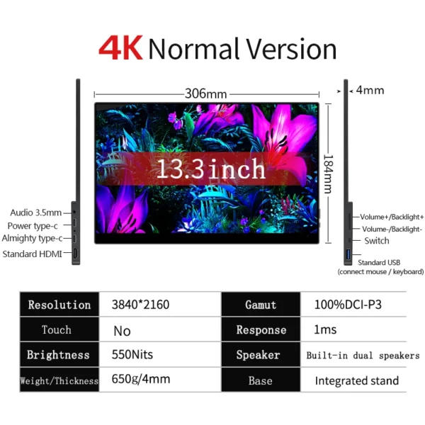 Moniteur Portable à écran tactile OLED 4K de 15.6 / 13 pouces, 550Nit USB-C, moniteur de jeu externe Compatible HDMI pour ordinateur Portable Xbox Switch – Image 10