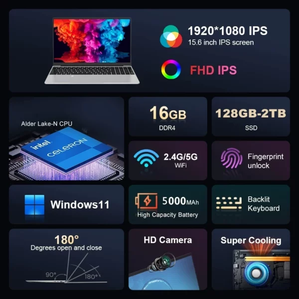 Pérou prêt ordinateur portable 15.6 pouces écran IPS 16GB RAM Intel 11th Celeron N5095 ordinateur Windows 11 Pro bureau ordinateur Portable – Image 18